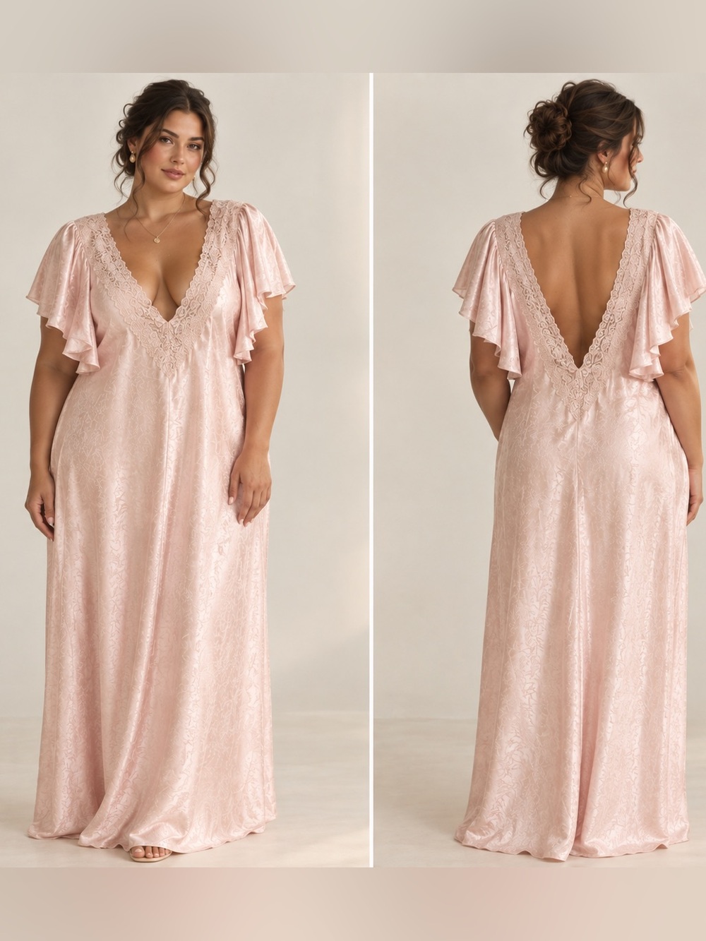 Oscar de la Renta Vintage Light Pink Satin V‑Neck Flutter Sleeve Chemise Gown 3X